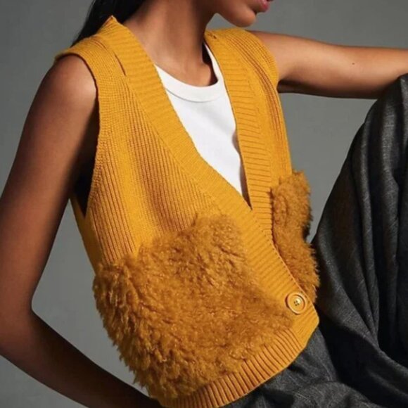Anthropologie Jackets & Blazers - Anthropologie Mustard Yellow Knit Fur Pocket Vest ONE SIZE
